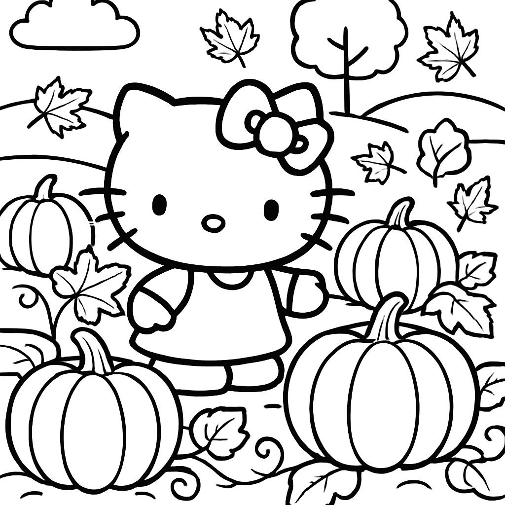 Hello Kitty exploring a pumpkin patch in autumn